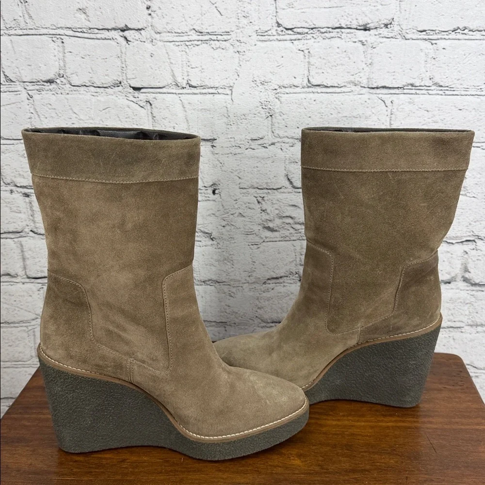 AQUAITALIA Viola Weatherproof Suede Leather Wedge Boot 8.5 Taupe/Grey VGC!